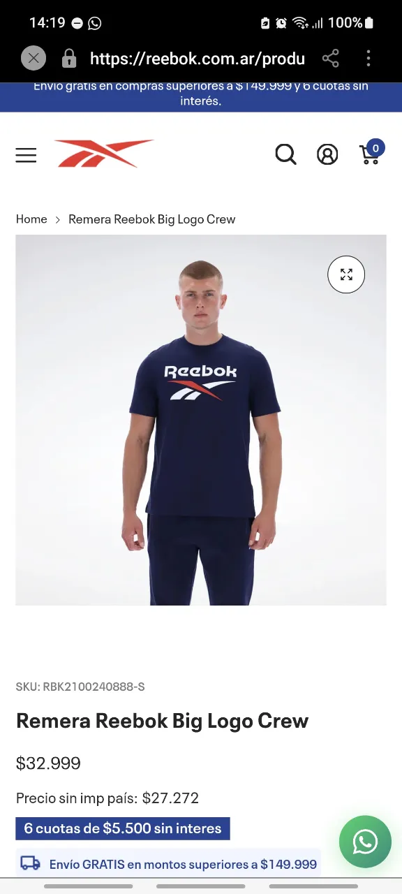 Remera Reebok · Talle S