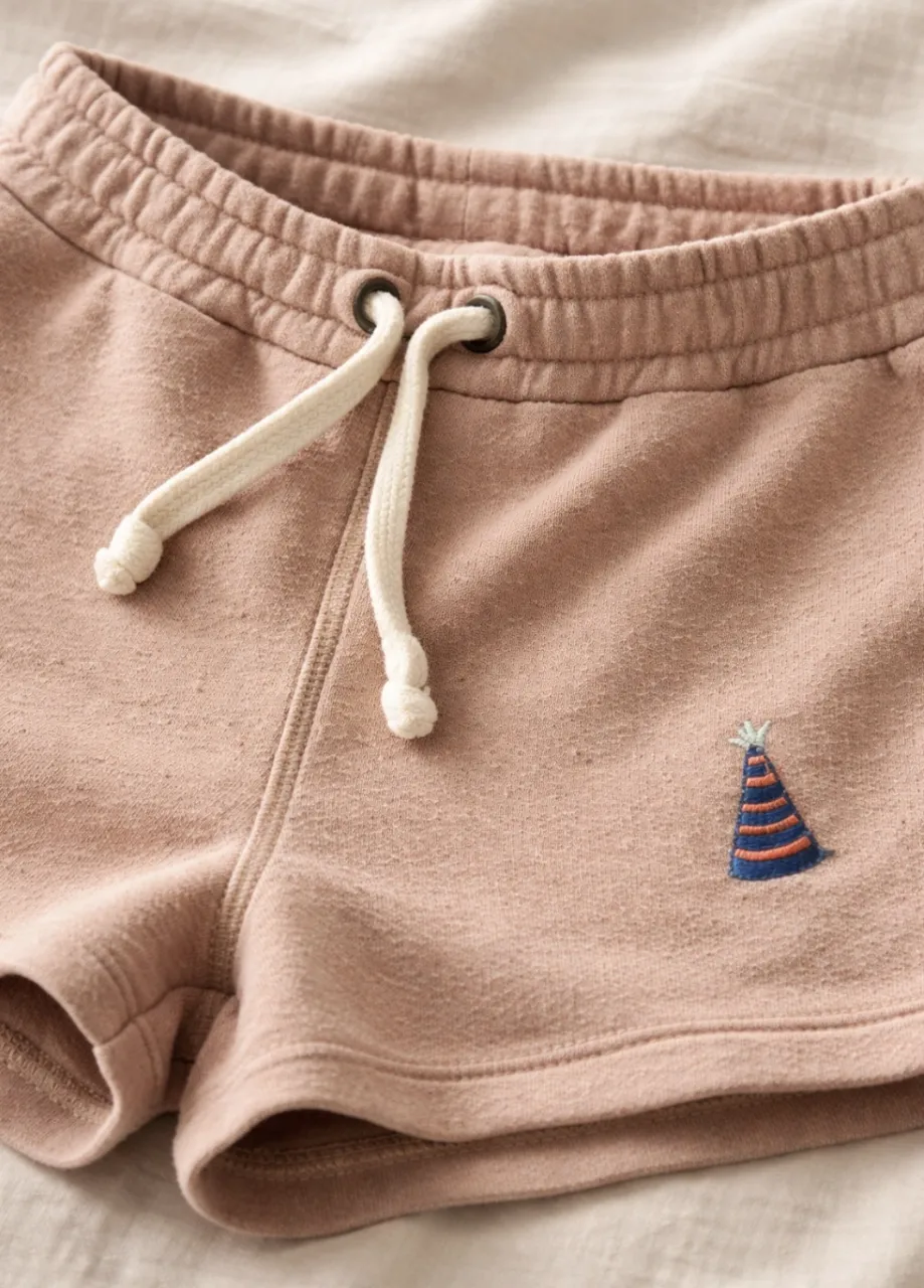 Short de algodón color rosa pálido con cordón ajustable y un simpático bordado de cono de fiesta. Perfectos para jugar o para un look casual y cómodo.