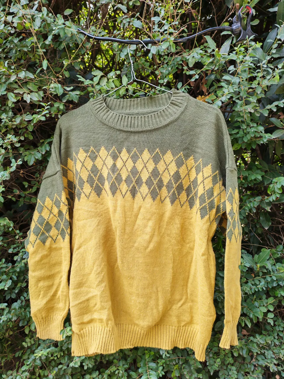Sweater de lana tejido con rombos en la parte superior y mangas. Diseño clásico y cómodo, ideal para los días frescos. Combina tonos verdes y amarillos para un look canchero.