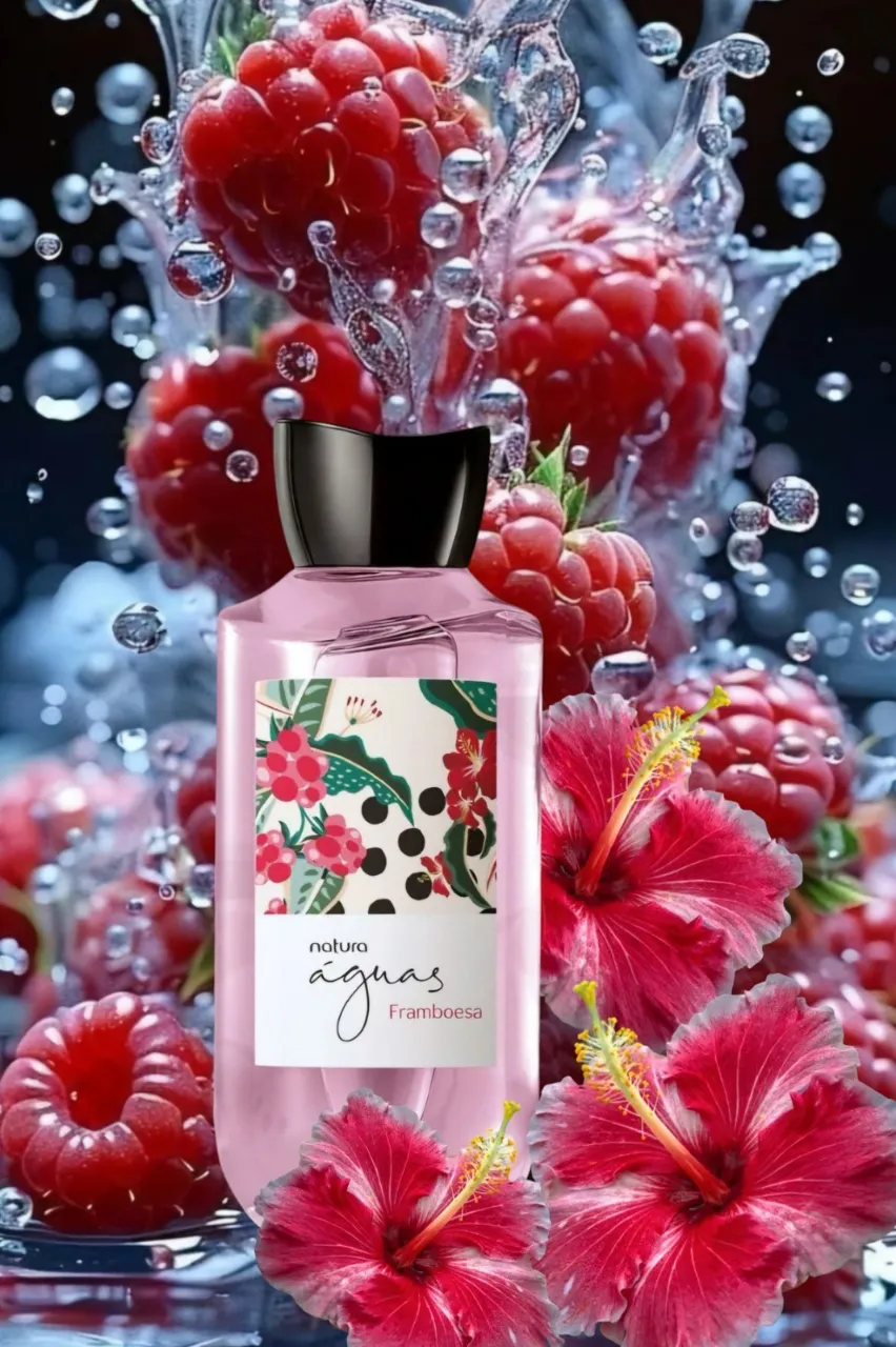 Perfume "Águas Framboesa" de Natura. Fragancia femenina con notas de frambuesa y flores.