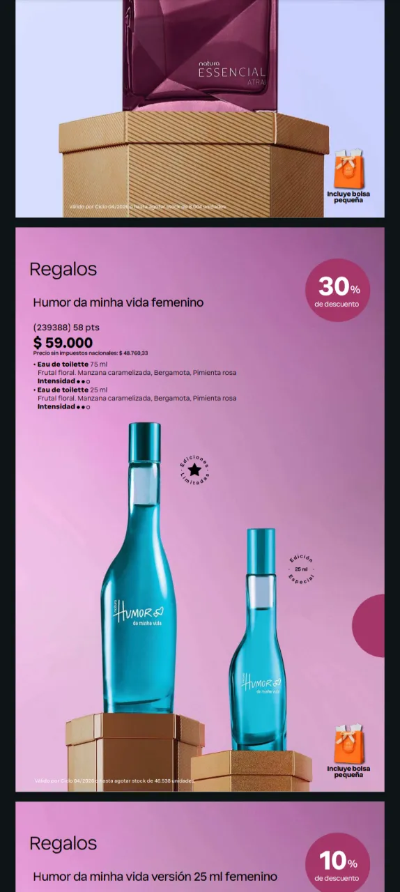 kit Perfume "Humor da minha vida" femenino de 75 ml. Fragancia frutal floral con notas de manzana caramelizada, bergamota y pimienta rosa. Intensidad media.