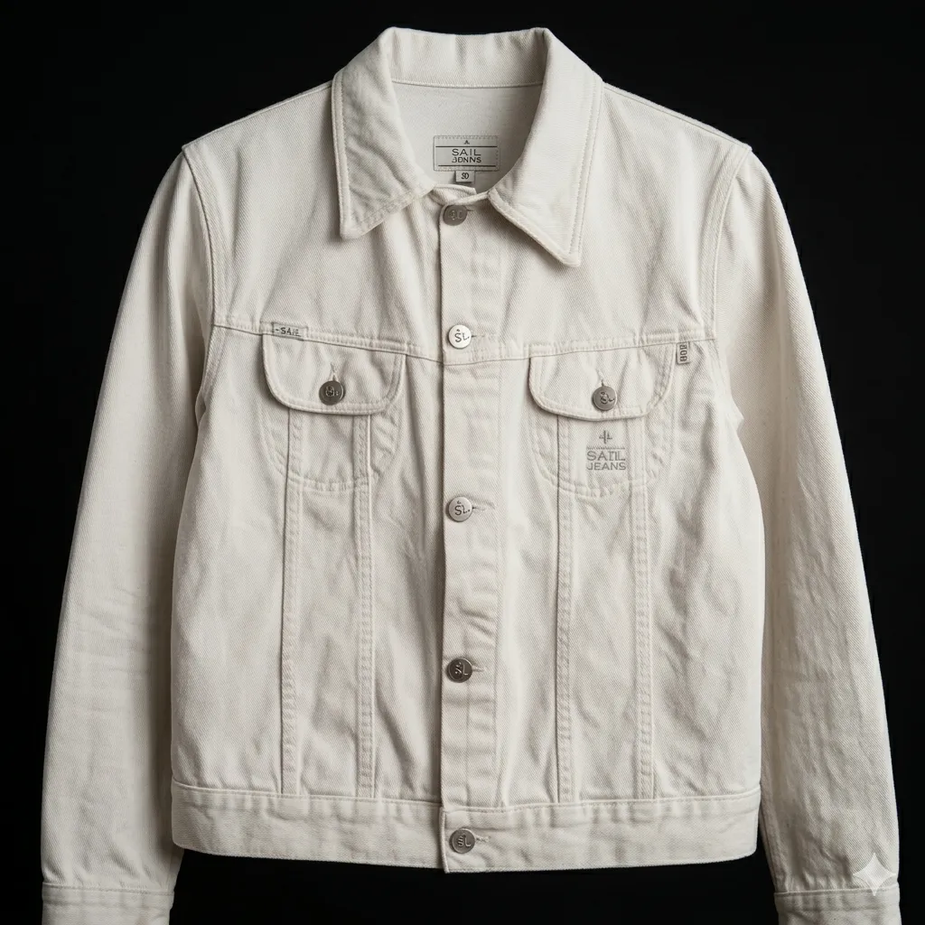 Campera de jean  SAIL color tiza con botones metálicos y bolsillos frontales con tapa. Tiene cuello clásico y detalles de costuras la prenda es original y su estado es perfecto talle 38/40. 