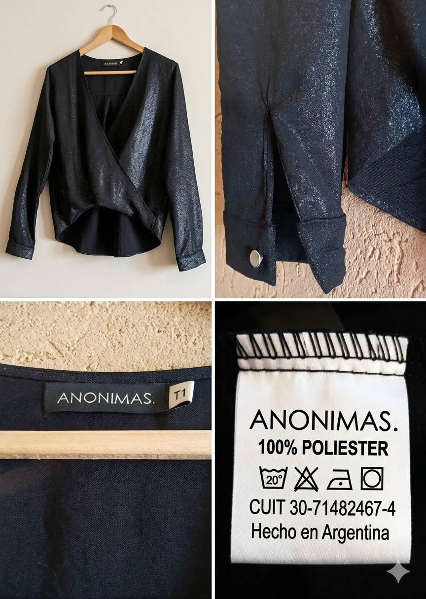 Blusa cruzada negra  100% Poliéster con mangas largas y detalle de botones de metal en los puños. Posee un acabado brillante muy delicado Talle 1 equivale a un talle 38/40 ideal para usar sola o con algún top estilo muy elegante y moderno. 