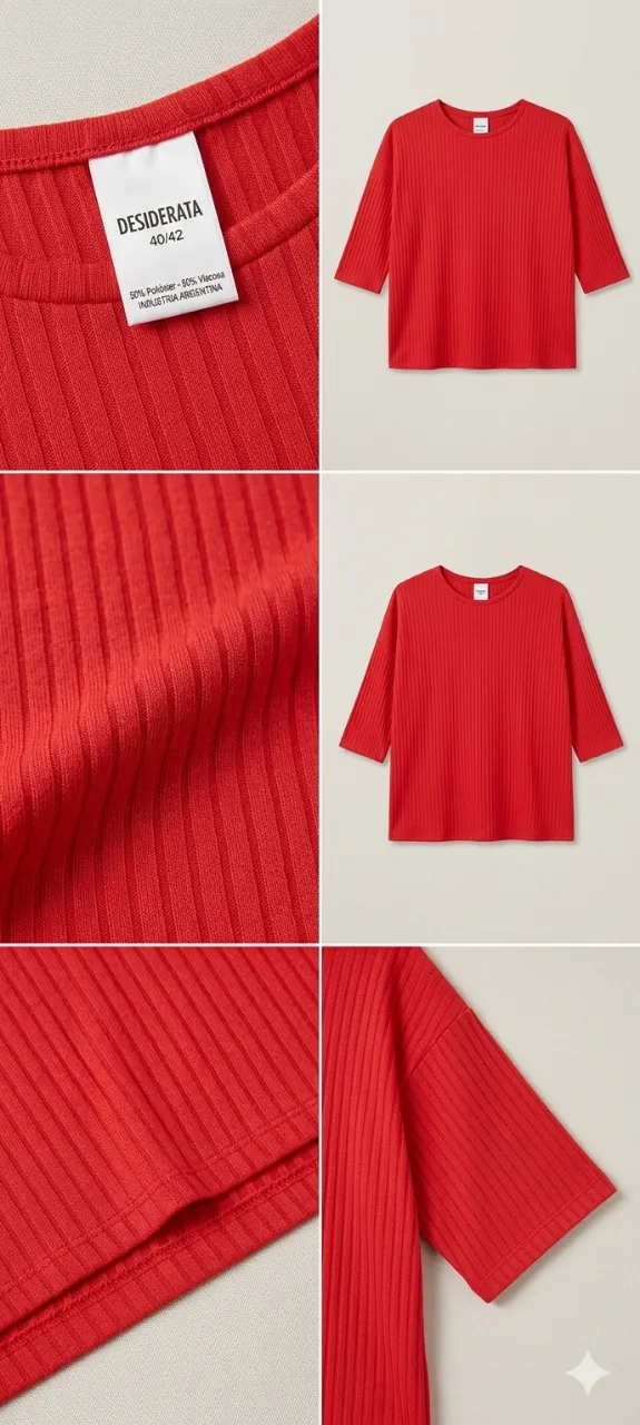 Remera DESIDERATA mangas 3/4 de color rojo. Posee cuello redondo y textura acanalada mezcla de poliéster y viscosa muy suave al tacto estilo oversize talle 40/42 súper cómoda combina cualquier look. estado impecable como nueva! tal cual las fotos.