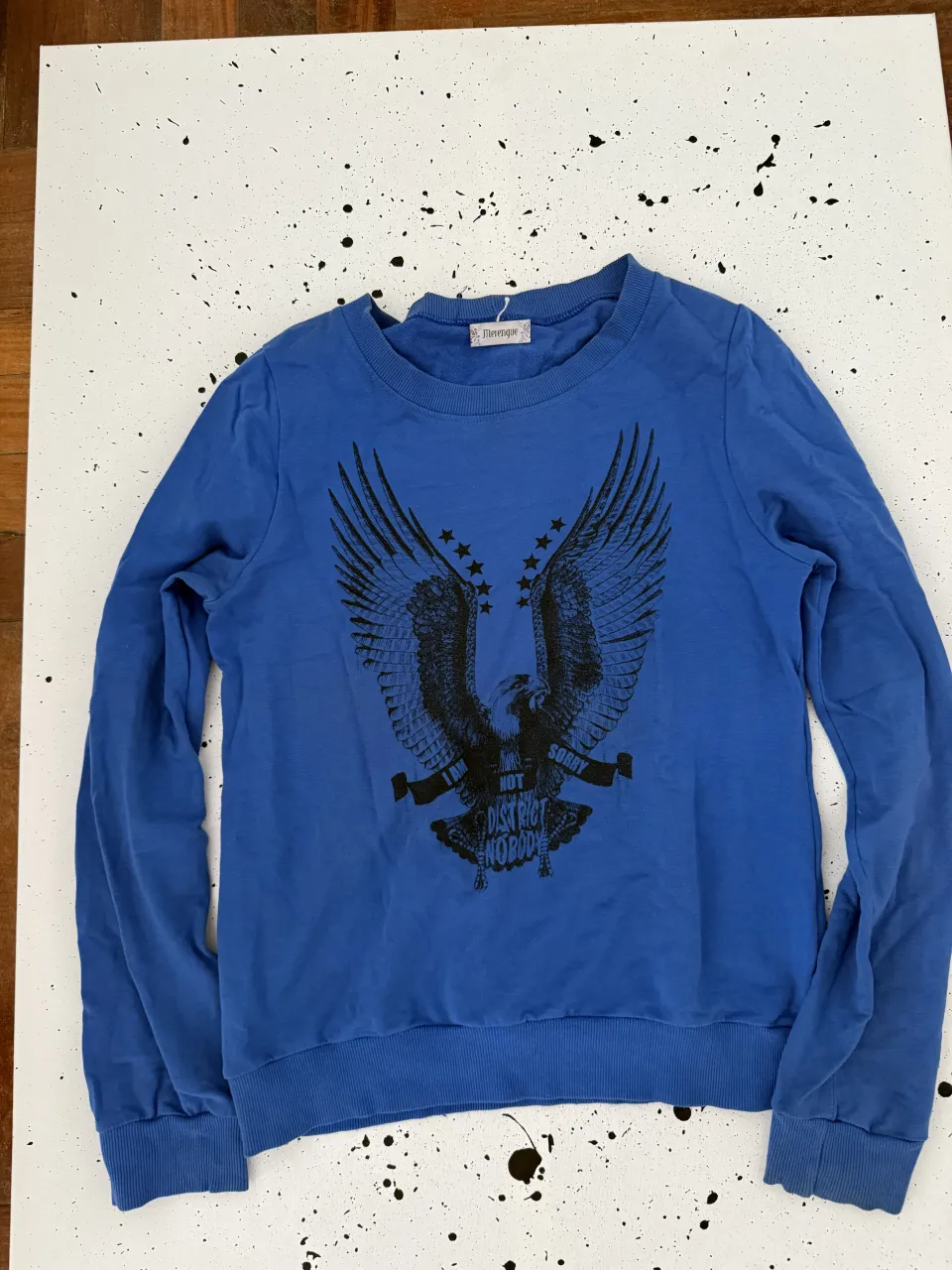 Remera azul de manga larga con estampa de águila y estrellas en el frente. La estampa tiene texto que dice "I AM NOT SORRY DISTRICT NOBODY".