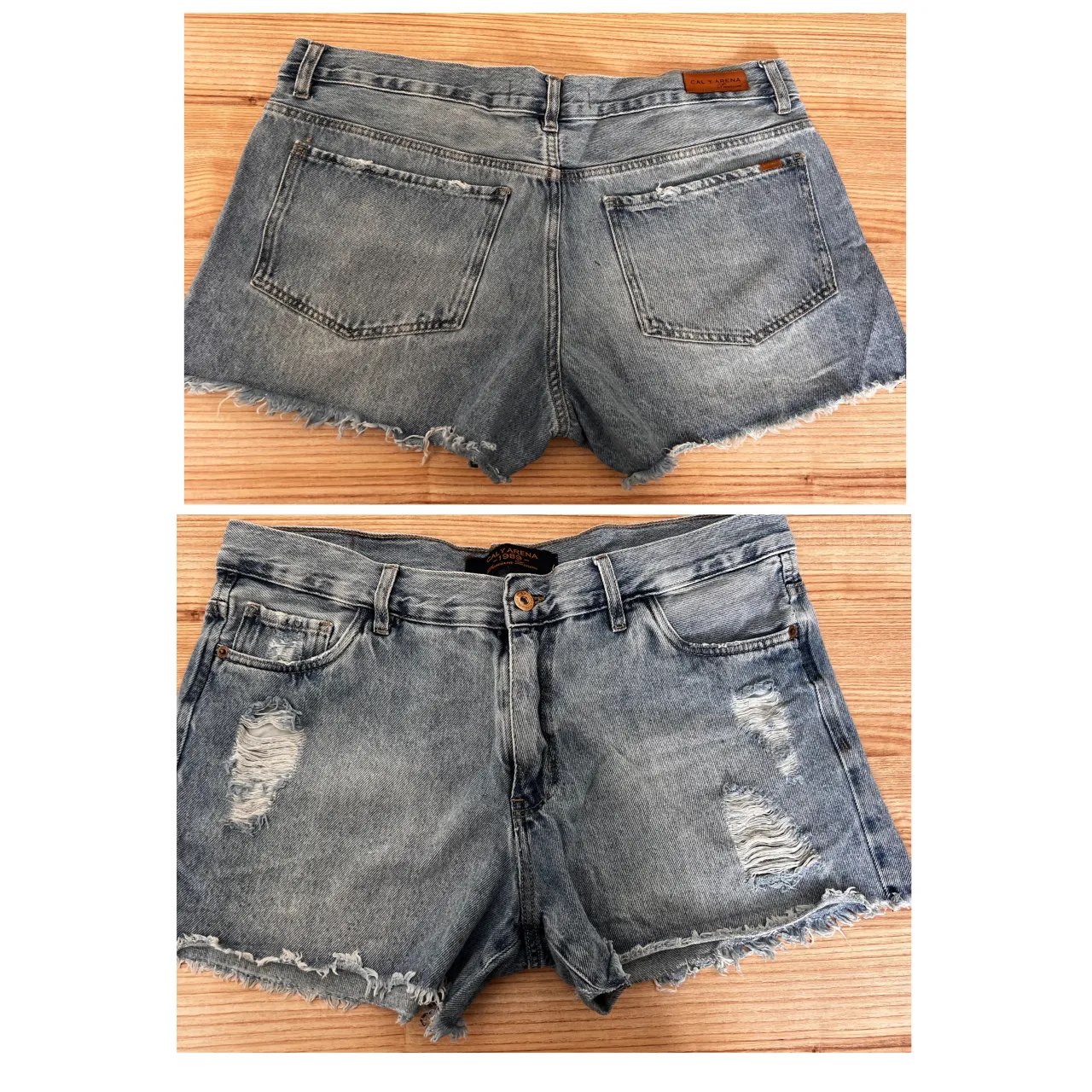 Shorts de jean tiro alto con roturas y detalles deshilachados en el borde inferior. Presenta cinco bolsillos y cierre con botón.