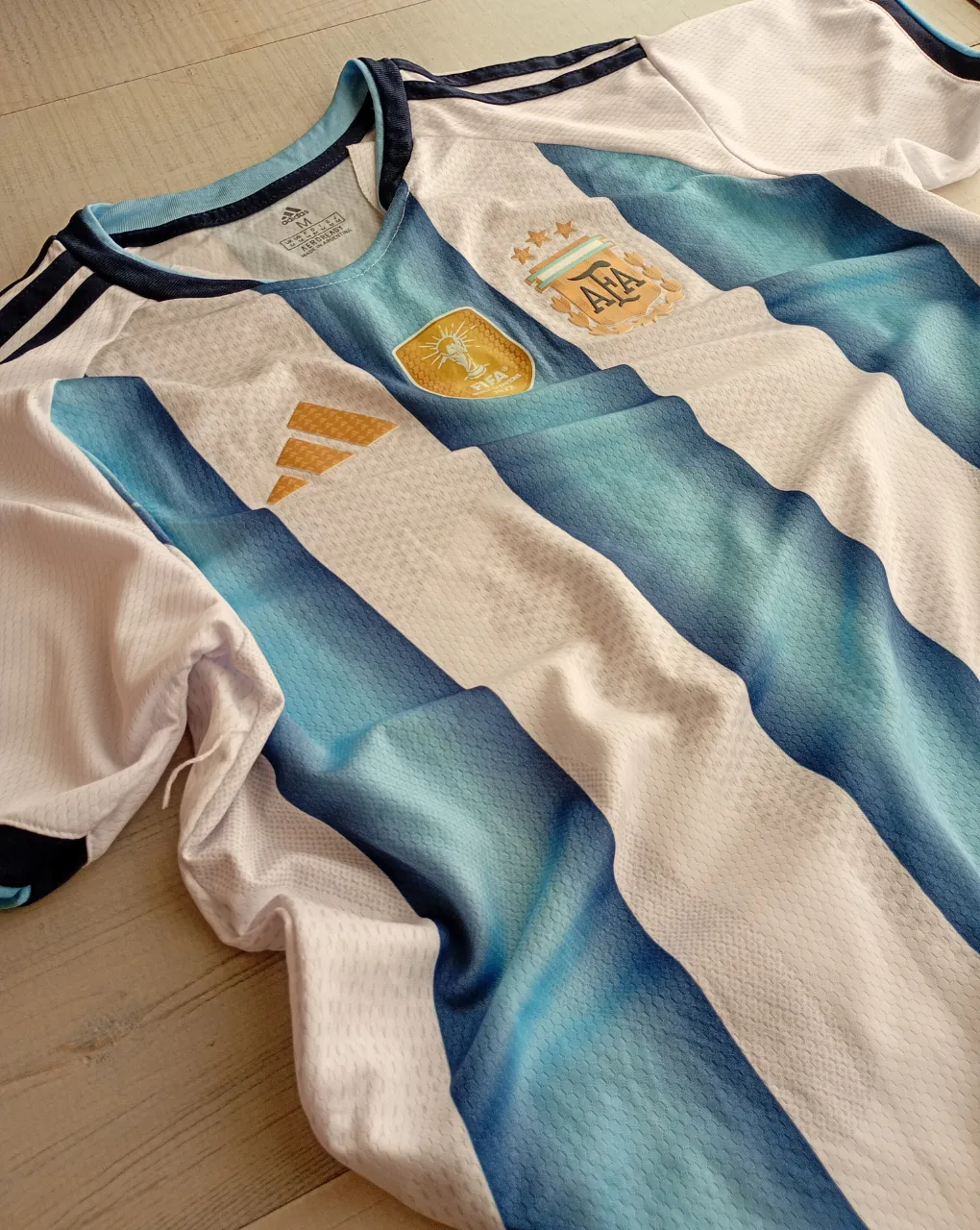 Remera de fútbol a rayas verticales celestes y blancas, con mangas cortas y cuello redondo. Presenta logos de la marca y escudo de equipo.