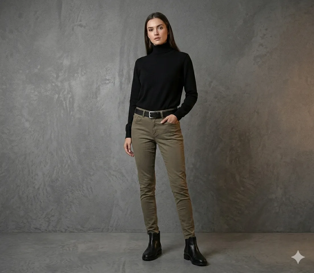 Pantalón MusA! chupín color verde militar/Caqui. 
Talle 26 / S 
95% algodón - 5% spandex/elastano
La prenda según spandex puede estirase hasta 4 /5 veces su longitud.
Cierre con botón metálico y cremallera.
Estado muy bueno, sin roturas ni manchas
Cintura 70/74 cm - Plano: 35cm
Cadera 94/98cm - Plano: 47cm
Largo 98cm

