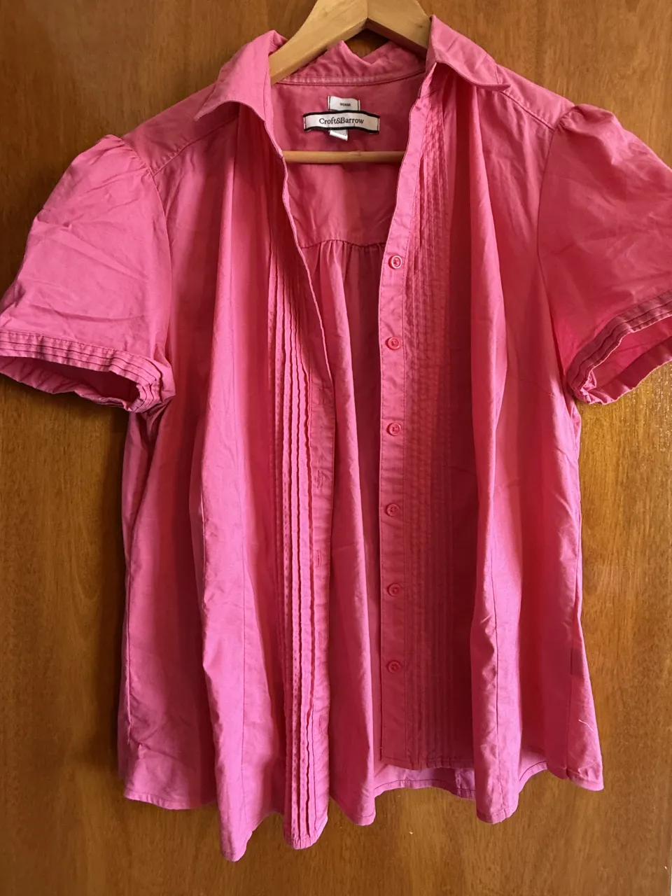 Remera rosa de manga corta con cuello camisero y botones al frente. Posee detalles de plisados verticales en la parte delantera.