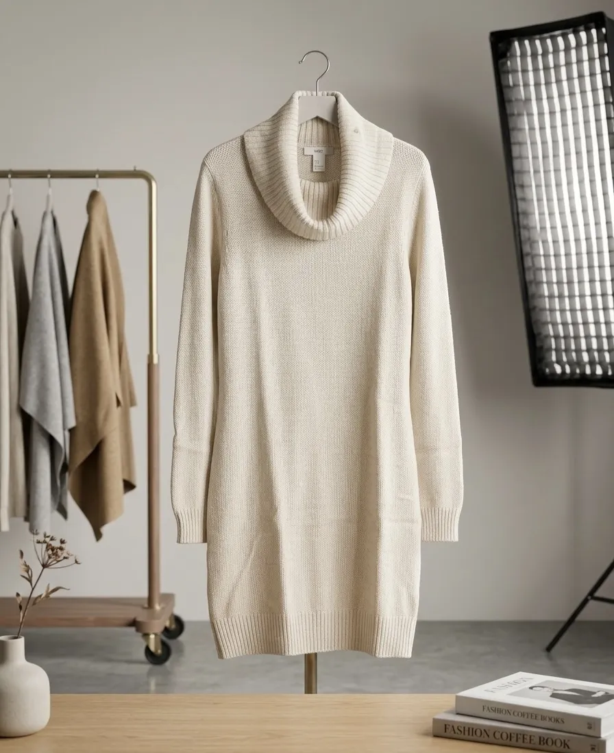 Vestido tejido largo de cuello polera, ideal para los días más frescos. Su diseño atemporal y color neutro lo hacen perfecto para combinar con diferentes accesorios y calzado, creando looks tanto casuales como más arreglados. Una prenda cómoda y versátil para tu guardarropas.