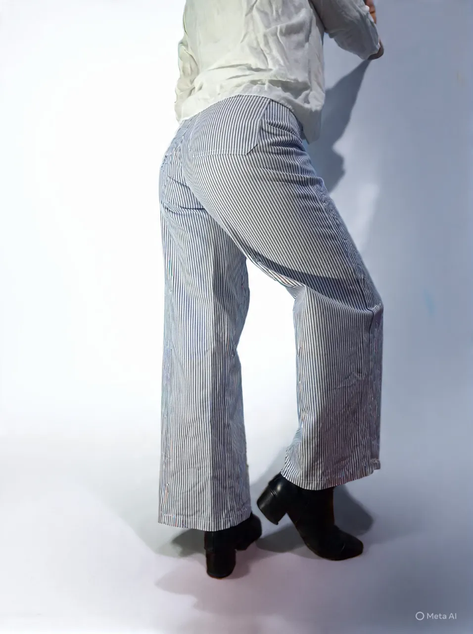 Pantalón a rayas verticales blancas y azules. Posee bolsillos.