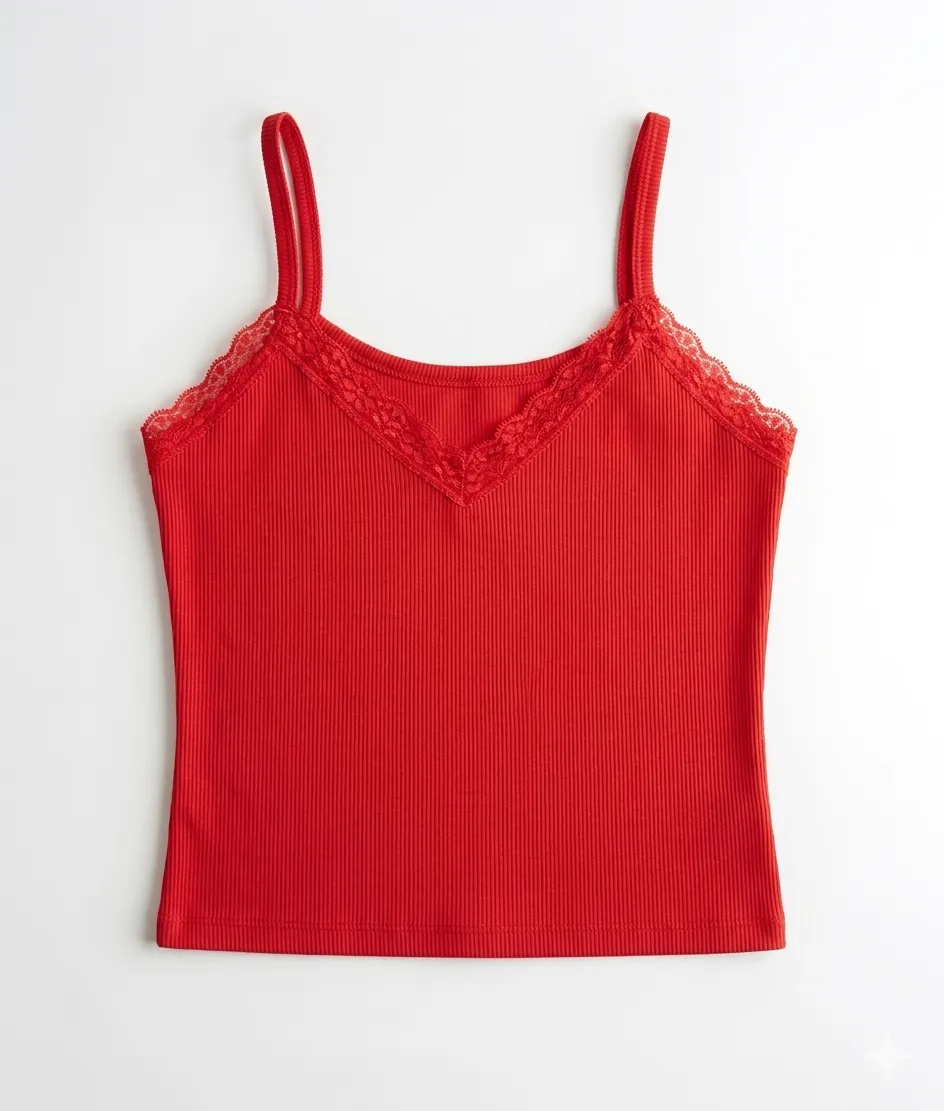 Musculosa roja de breteles finos con detalles de encaje en el escote en V. Posee un tejido acanalado.