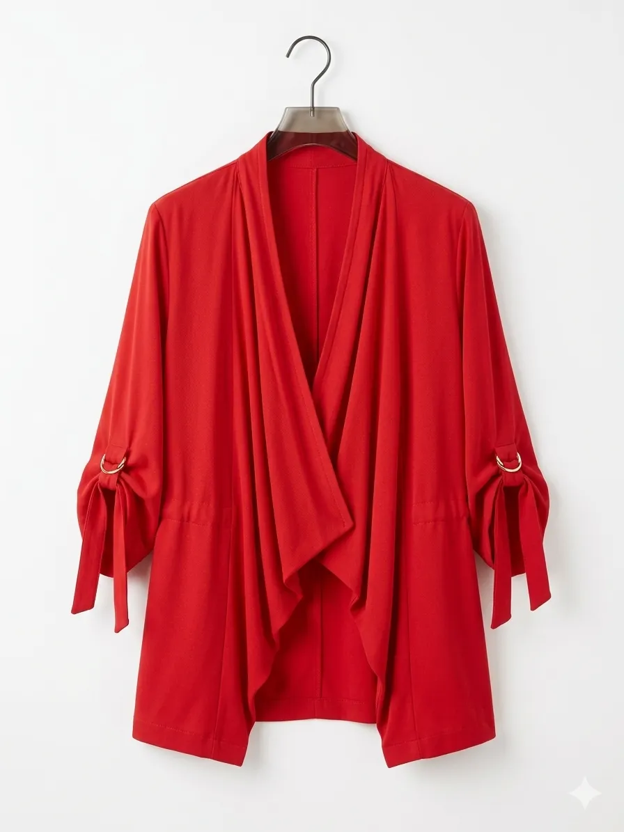 Blazer rojo con mangas  y detalle de lazo en los puños. Posee cuello solapa y corte asimétrico. Queda bastante grande 