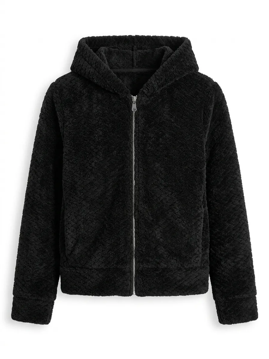 Buzo negro con capucha y cierre completo. Posee textura acolchada.