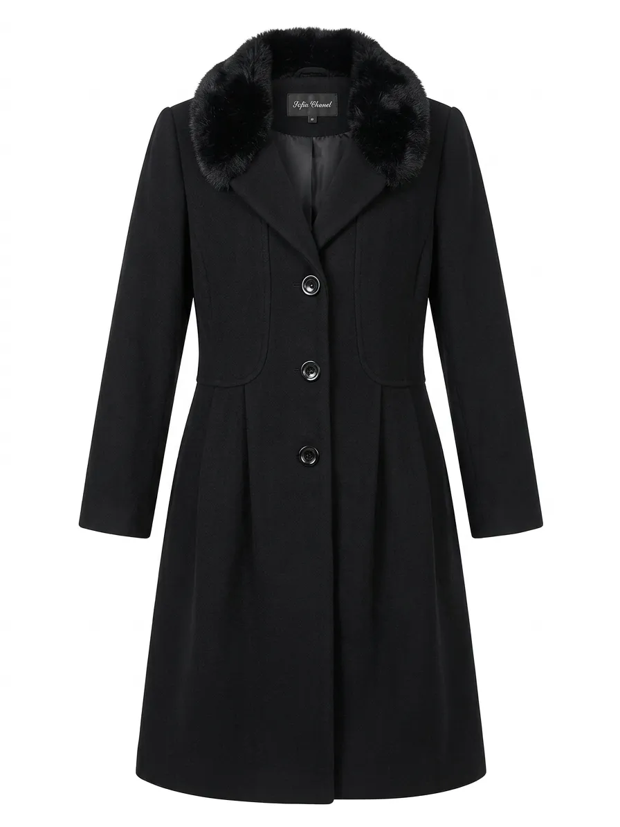 Abrigo negro con cuello de piel sintética y botones al frente. Posee dos bolsillos laterales y un corte que se ensancha hacia abajo, largo. Talle 40