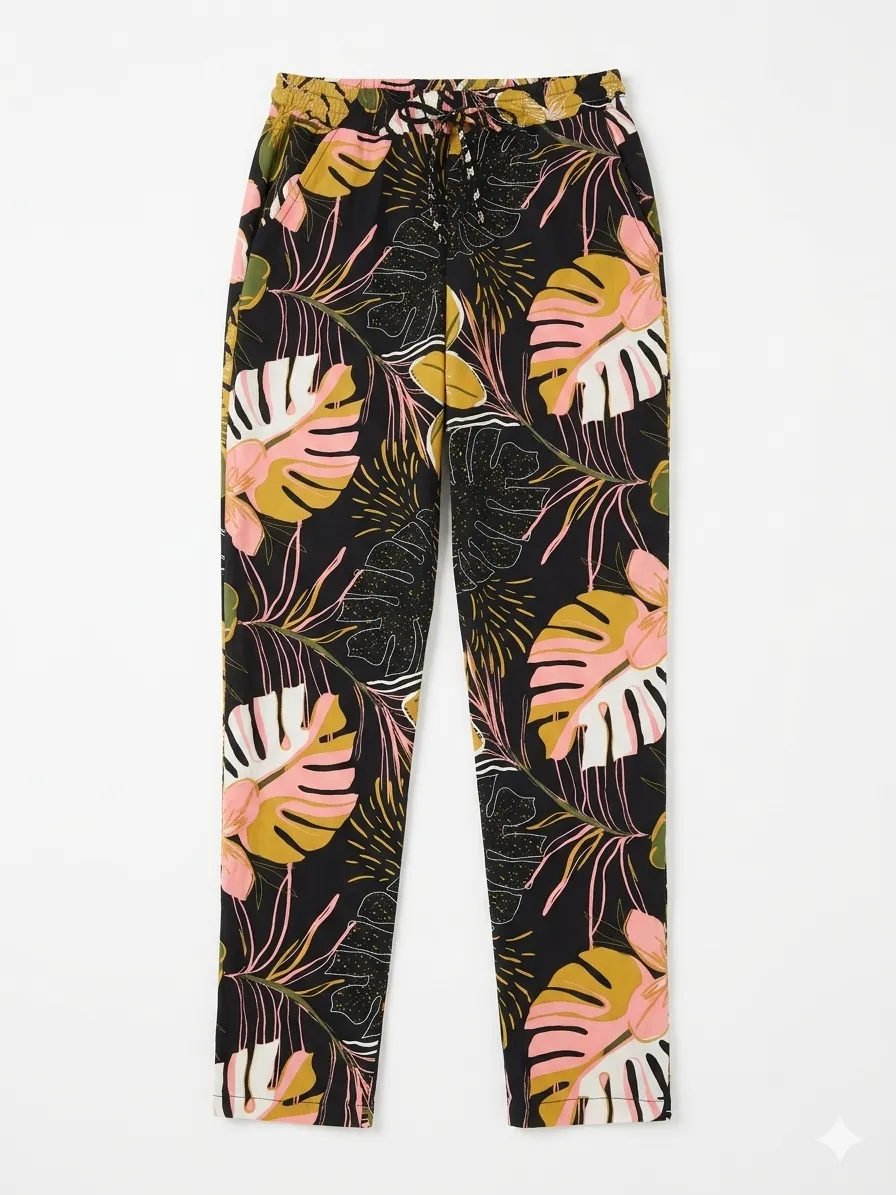 Pantalón negro con estampado de hojas tropicales en tonos rosa, amarillo y blanco. Posee cintura elastizada con cordón.