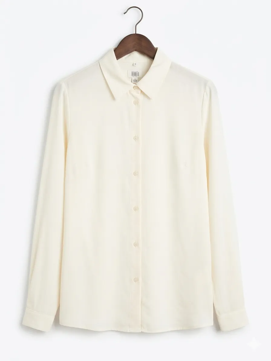 Camisa de manga larga color crema con cuello y botones al frente.