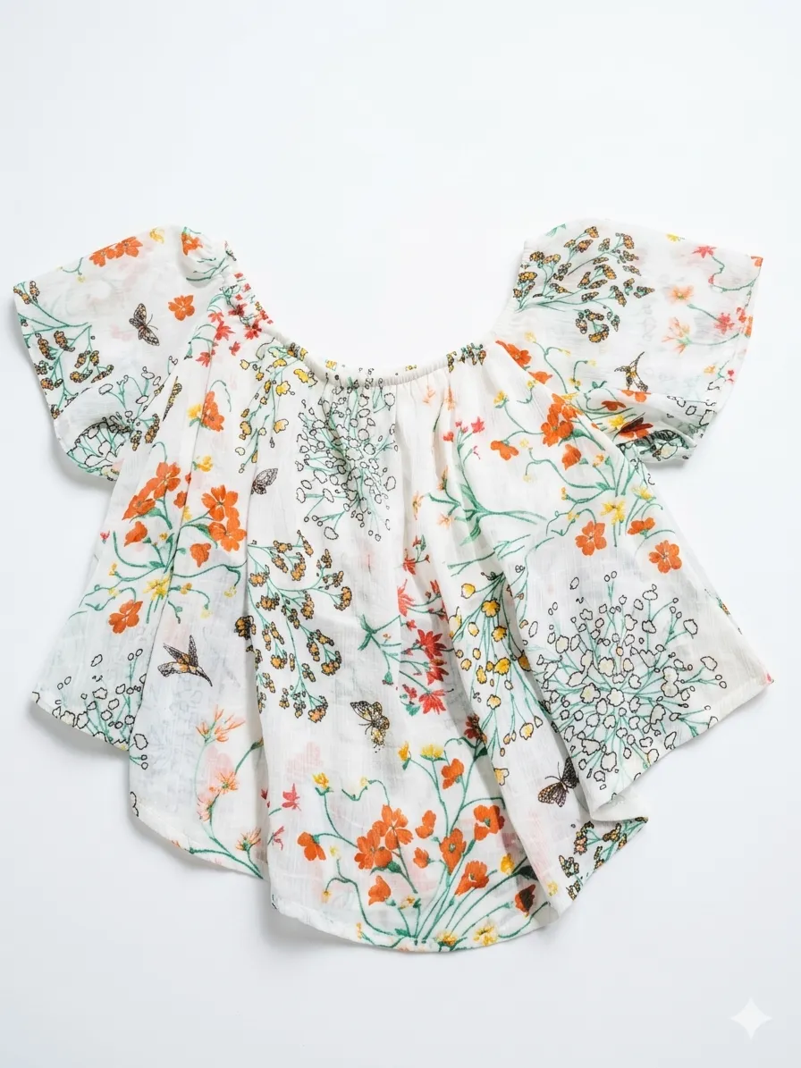 Blusa blanca con estampado floral y de insectos. Posee mangas cortas acampanadas y escote cuadrado elástico.