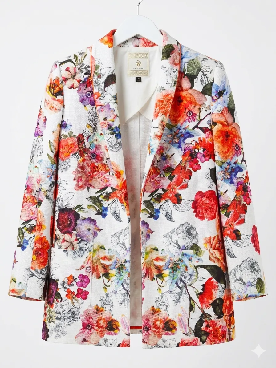 Blazer blanco con estampa floral multicolor, talle grande. Posee solapas y corte abierto al frente.