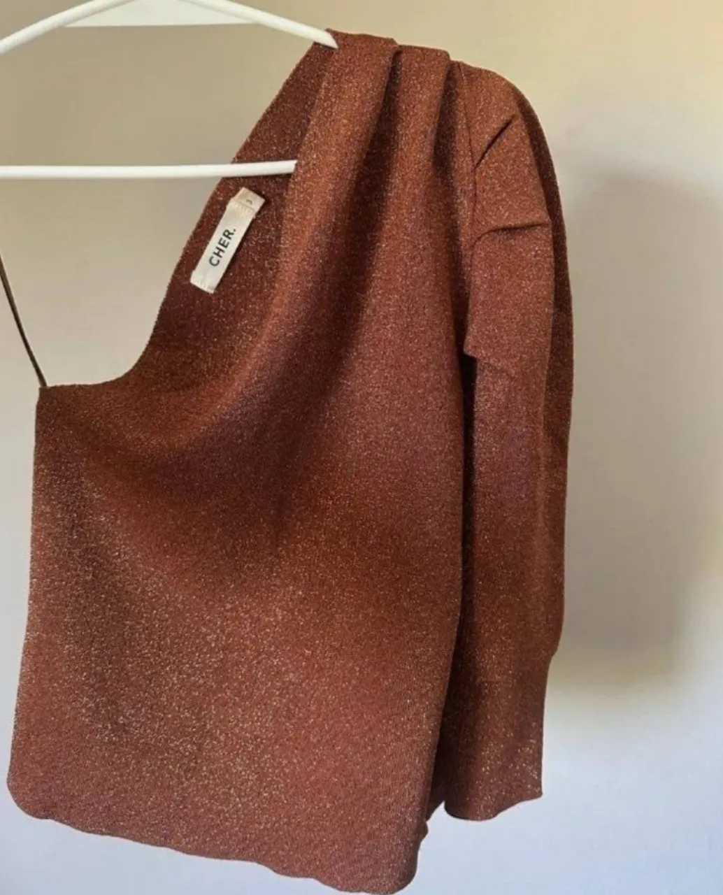 Remera de manga larga con brillos en tono terracota. Posee un solo hombro descubierto y el otro con manga larga.