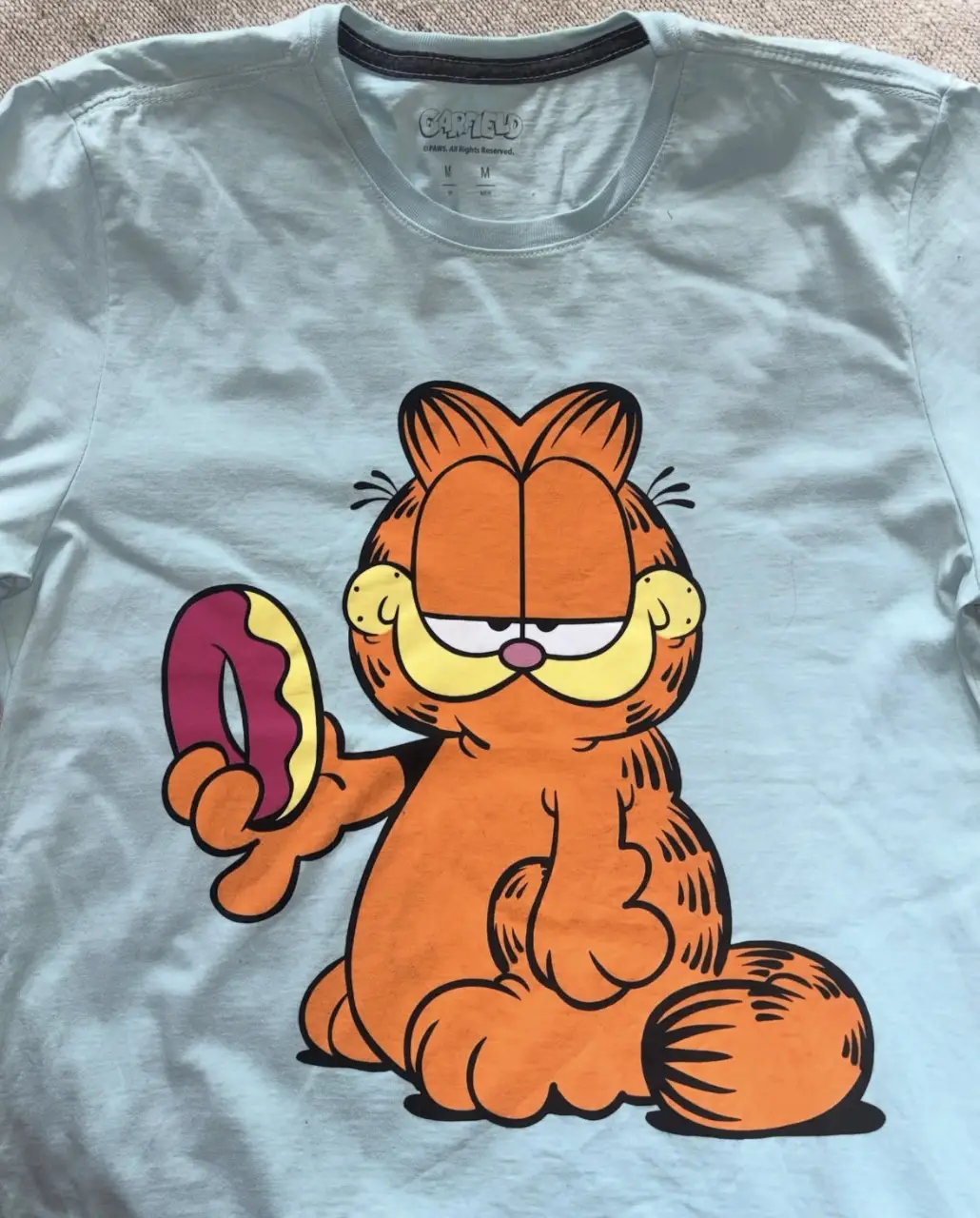 Remera de hombre de algodón celeste con estampado de Garfield comiendo una dona. Talle M, ideal para un look casual y divertido.