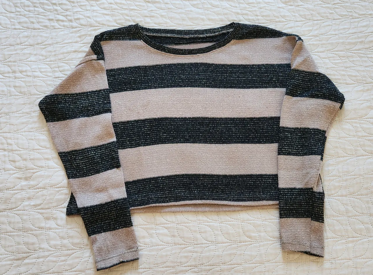 Sweater corto a rayas horizontales en tonos beige y negro con detalles metalizados.