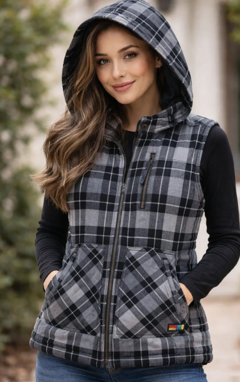 Chaleco a cuadros con capucha y cierre frontal. Posee dos bolsillos amplios en la parte delantera y un bolsillo con cierre en el pecho. Sisa a sisa 46 cm, largo 65 cm.