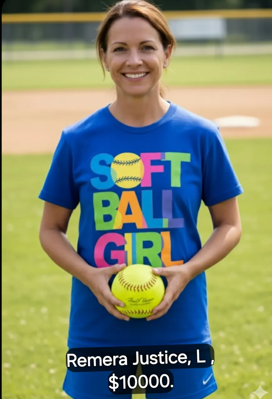 Remera azul vibrante con estampa "SOFTBALL GIRL" en letras multicolores y una pelota de softball. Ideal para las amantes del deporte y un look casual y divertido.
