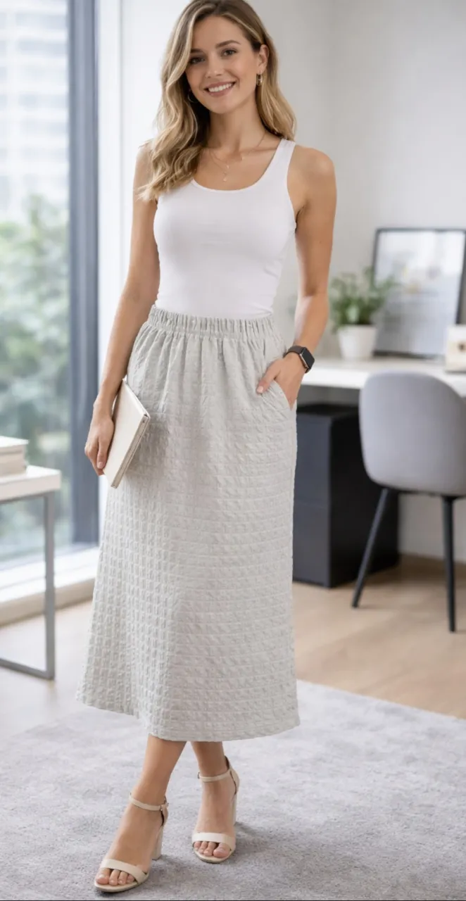 Pollera larga beige con textura cuadriculada y elástico en la cintura. Posee bolsillos laterales. 