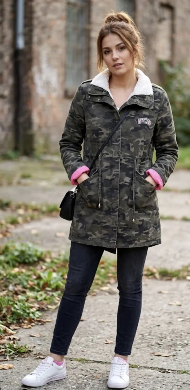 Campera de camuflaje con forro interno de corderito blanco y detalles en rosa en los puños y el interior. Posee bolsillos frontales y un parche con la palabra "ARMY" en el pecho. Medida de sisa a sisa 46 cm , largo 78 cm.