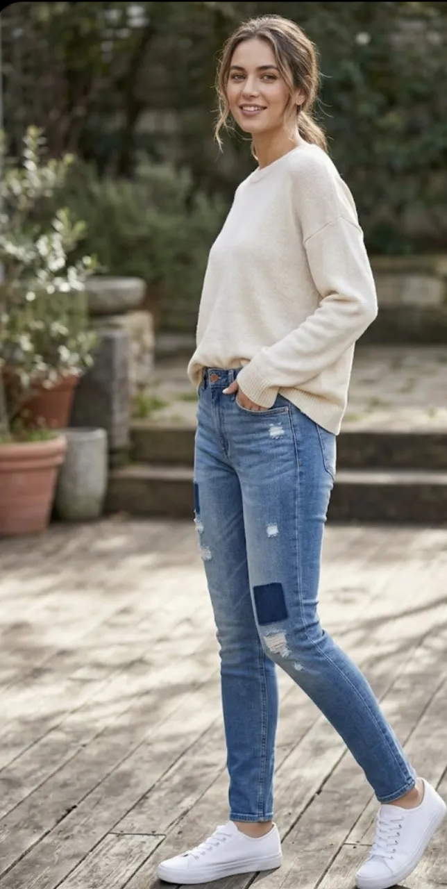 Jeans de corte súper skinny con parches de tela y roturas. Cintura 34 cm, tiro delantero 25 cm, largo 95 cm.