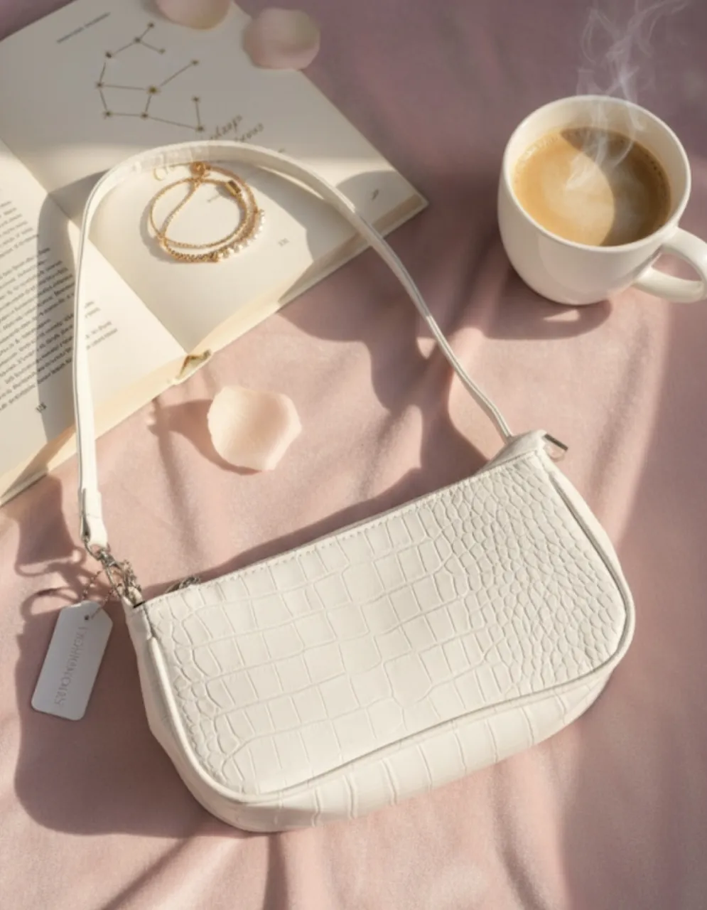 Cartera blanca con textura de cocodrilo y correa de hombro fina. Incluye una etiqueta colgante. Medida 24*13 cm.