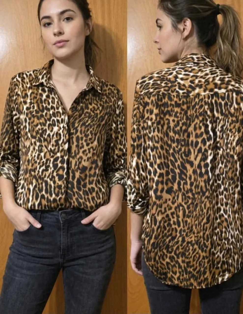 Camisa de manga larga con estampa de leopardo. Posee cuello de camisa y botones al frente. Los puños de las mangas son anchos y se pueden ajustar con un botón. Sisa a sisa 46 cm, largo 76 cm. 