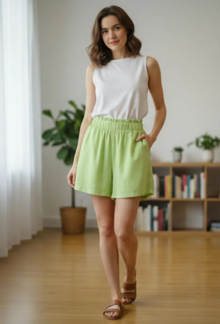 Shorts de lino color verde lima, tiro alto con cintura elastizada y fruncida. Ideales para un look fresco y cómodo en días de calor.