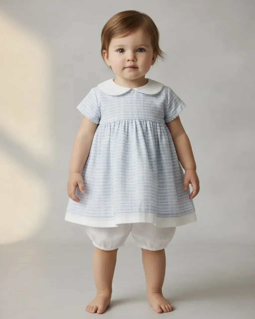 Vestido a rayas celestes y blancas con cuello blanco y bombachita a juego.