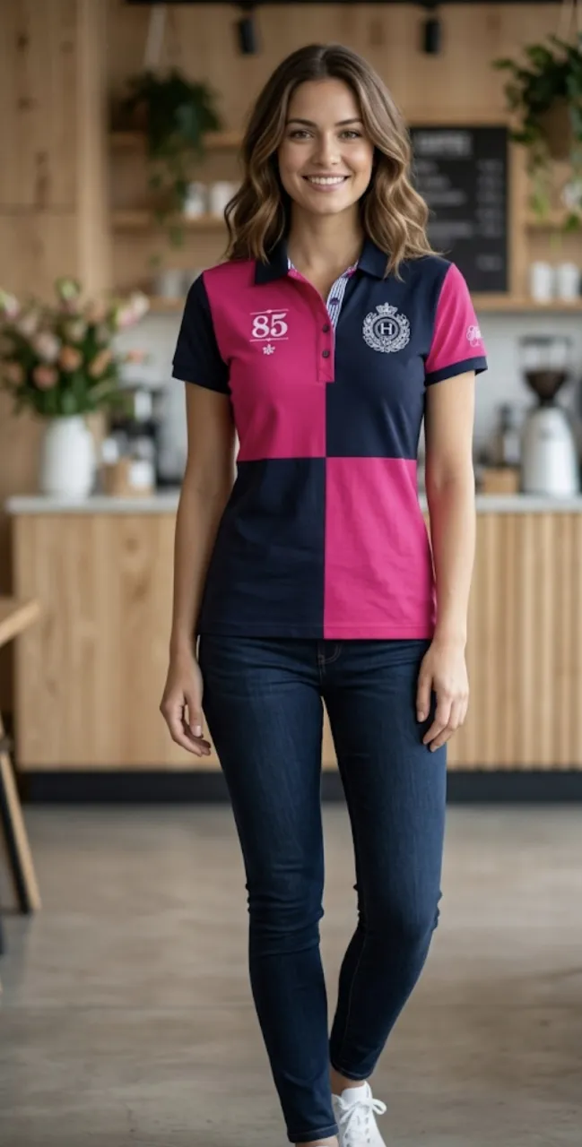 Remera polo de manga corta con diseño color block en fucsia y azul marino. Presenta un logo bordado en el pecho y el número 85 estampado. De sisa a sisa 46 cm, largo 68 cm.