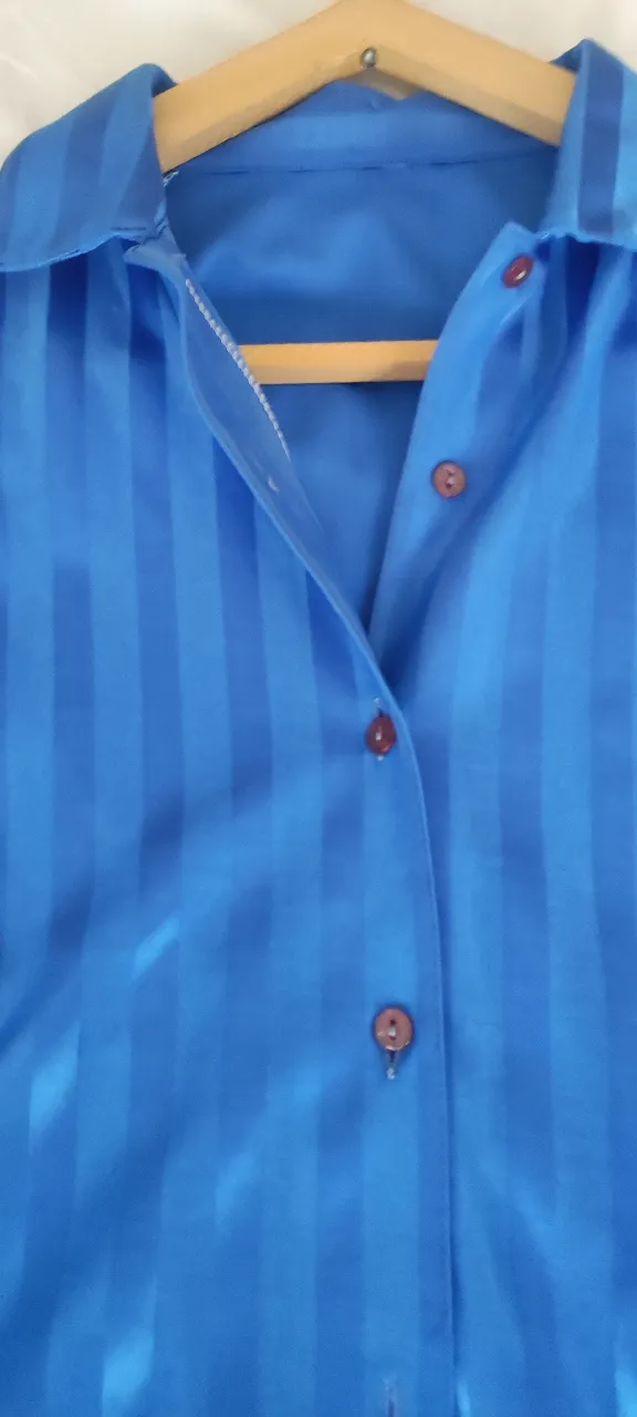 Camisa de seda azul vibrante con rayas verticales sutiles tipo vintage. Es talle entre M y L. Tiene un color que no pasa desapercibido, es heemosa. ideal para un look elegante o casual.