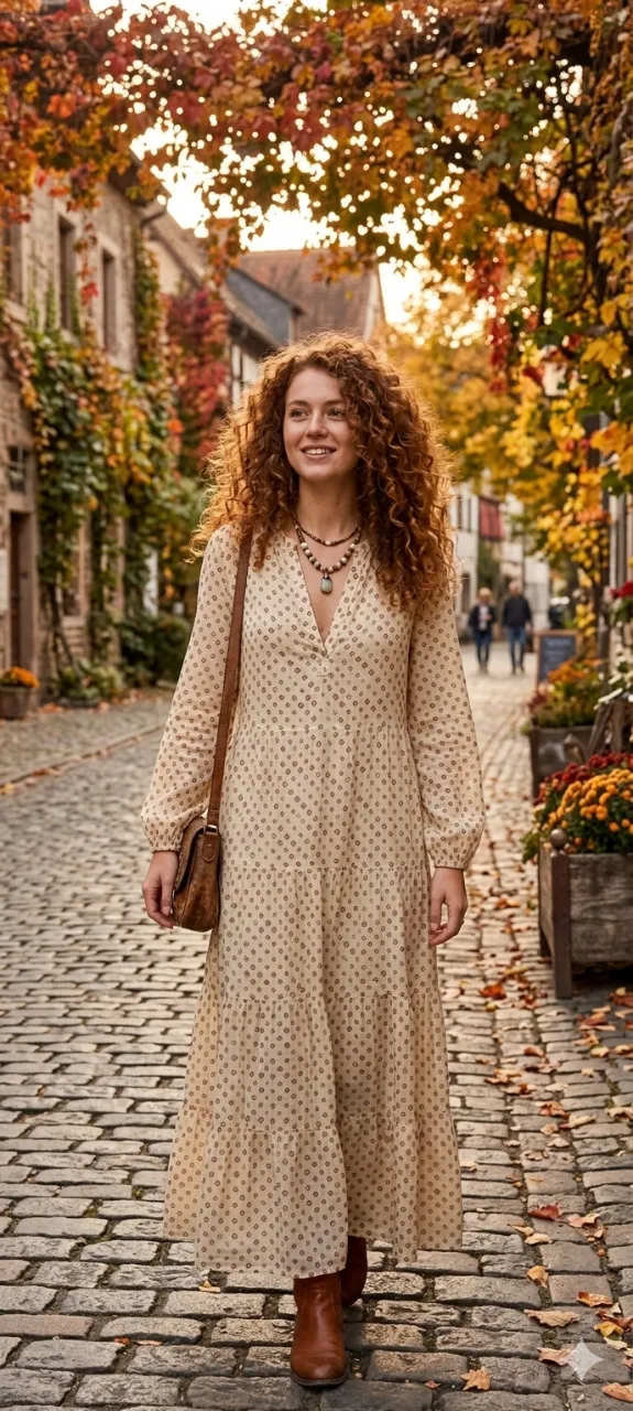 Vestido largo de tela liviana con estampa de rombos pequeños en tonos marrones sobre fondo crudo. Posee cuello en V con botones hasta la mitad del torso, mangas largas con puños fruncidos y volados en la falda.Este es un vestido largo midi de estilo bohemio con un estampado geométrico pequeño y cuello en V. 

