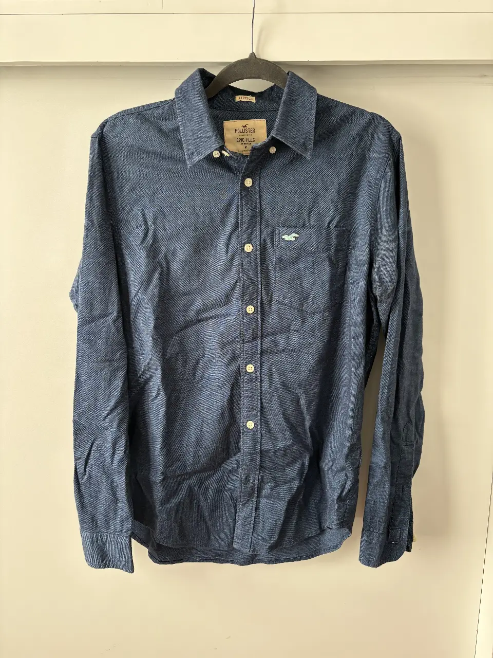Camisa de hombre Hollister Epic Flex, manga larga, azul, con logo bordado en el pecho. Ideal para un look casual y cómodo.