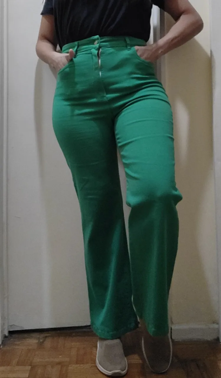 Pantalón jean verde liso, tiro alto, con cierre y botón metálicos. Posee 2 bolsillos delanteros  y 2 traseros.
Semi elastizado. Un solo uso. 

Detalles de las medidas:
Largo total 100cm 
Cintura 38 cm 
Cadera 37 cm 
Largo de tiro 33 cm 