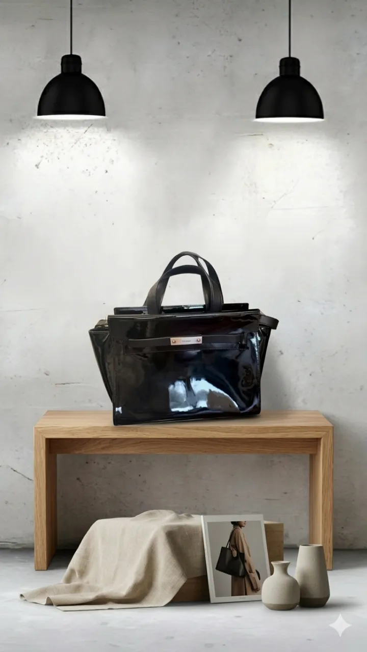 Bolso negro de charol estilo maletín -SIN USO-  asas cortas y una correa larga desmontable. Ideal para universidad o trabajo: entra computadora y tablet. 