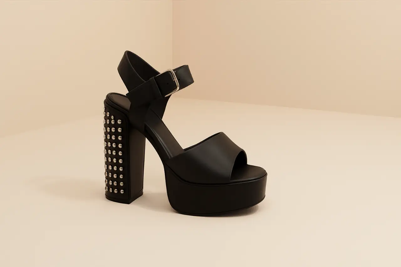 Sandalias de taco alto negras con plataforma y detalles de tachas en el taco. Marca Paruolo.