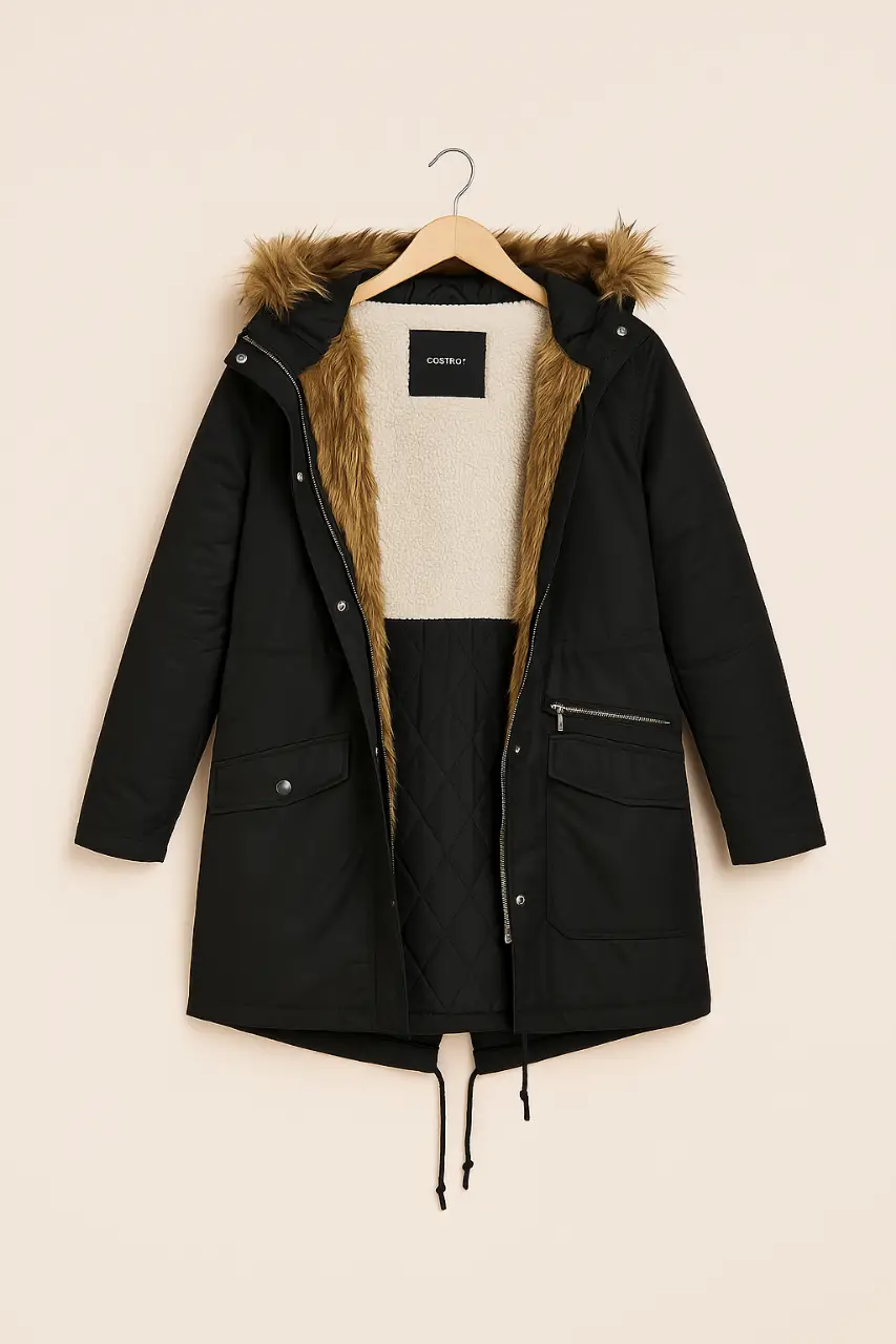 Campera de abrigo para mujer, color negro con detalles en marrón. Posee capucha con borde de piel sintética, ideal para el invierno. Perfecta para un look casual y abrigado.