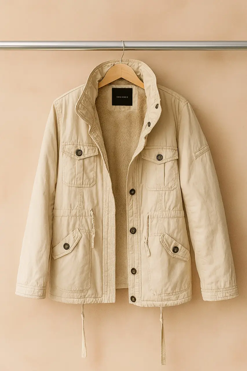 Campera beige de mujer, estilo utilitario con múltiples bolsillos y forro símil corderito interior. Ideal para un look casual y abrigado.