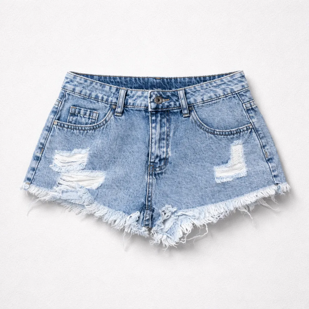 Shorts de jean tiro alto, con roturas y detalles deshilachados en los bordes.