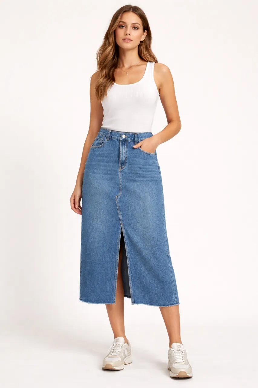 Pollera importada marca C&A de jean larga de tiro alto con tajo delantero. Posee bolsillos. Está igual a nueva. 