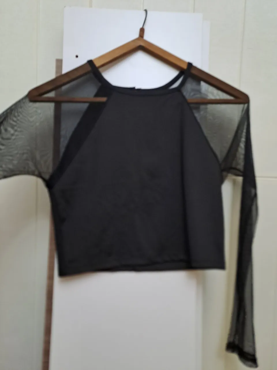 Top negro de manga larga con mangas de tul transparente. Escote redondo.