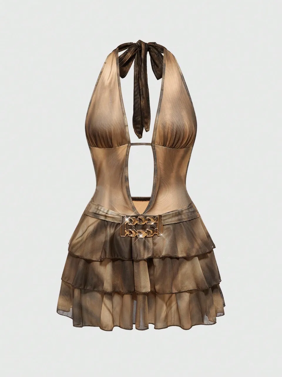 Vestido corto con escote halter y detalle de tiras en la espalda. Posee volados en la falda y un cinturón con hebilla dorada en la cintura.
talle M 